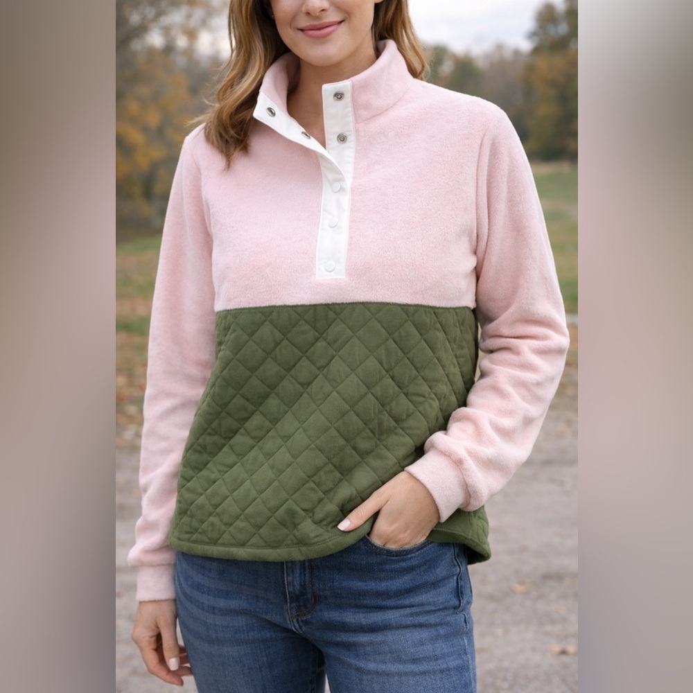 J.Crew Colorblock Quilted Fleece Pullover XS | Pink & Green Snap Neck